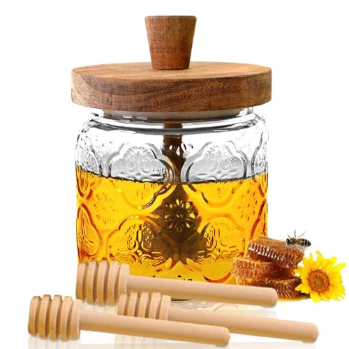 Glass Honey Dispenser No Drip with 3 Wooden Dippers, 18 Oz Oversize Glass Honey Jar with Lid and Engraved Honey Trowel-Jar Set Honey Pot/Containers with Wooden Honey Dipper | Amazon (US)
