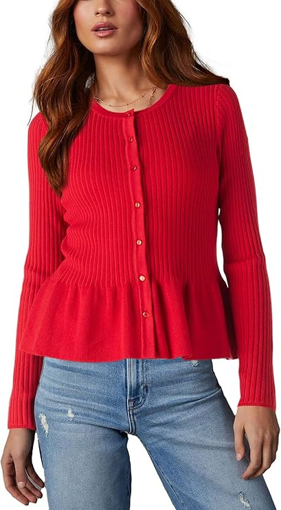 Beautiful Nomad Women's Long Sleeve Cardigan Peplum Sweater Crew Neck Button Tops Knit Ribbed Ele... | Amazon (US)