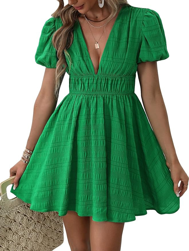 WDIRARA Women's Puff Sleeve Deep V Neck Tie Back Mini A Line Swing Dress | Amazon (US)