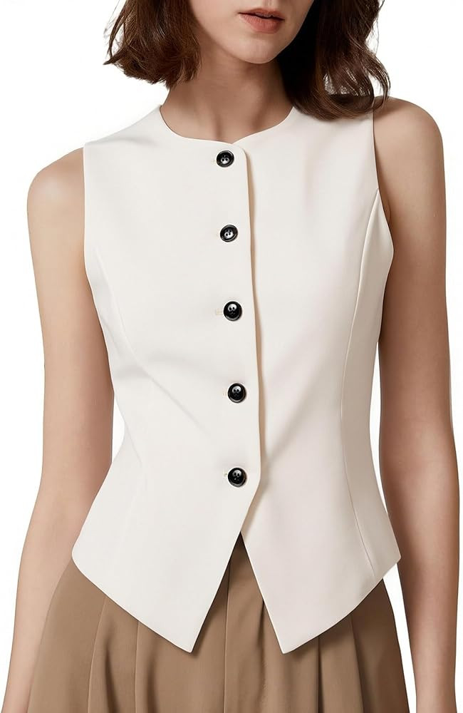 Women's Crew Neck Vest Tops Button Up Open Front Sleeveless Blazer Waistcoat Work Business Casual... | Amazon (US)