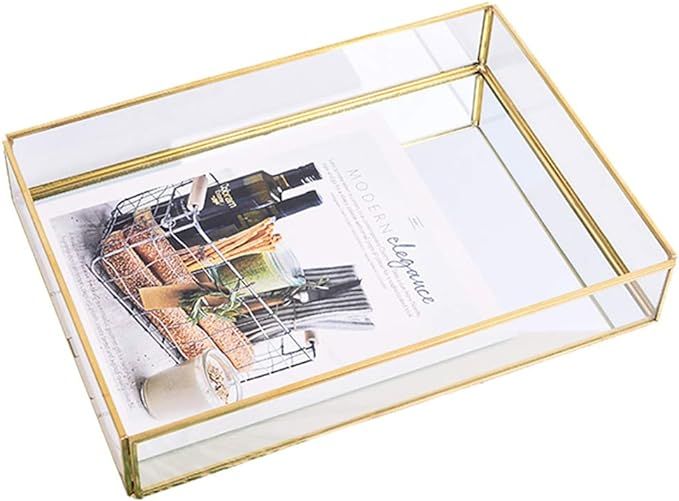 BEYST Glass Mirror Storage Tray, Rectangle Dressing Table Makeup Tray with Gold Wire, Jewelry Per... | Amazon (US)