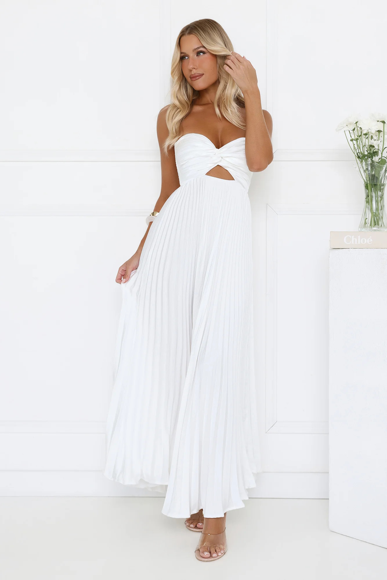 Dance Floor Darling Pleated Strapless Maxi Dress White | Hello Molly (US)