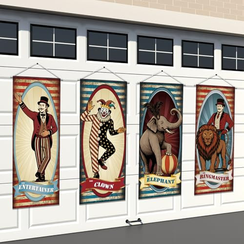 Panelee 4 Pcs Vintage Carnival Circus Party Decorations Circus Clown Elephant Ringmaser Porch Banner Side Show Party Hanging Backdrop for Halloween Birthday Baby Shower Wall Indoor Outdoor Decor | Amazon (US)