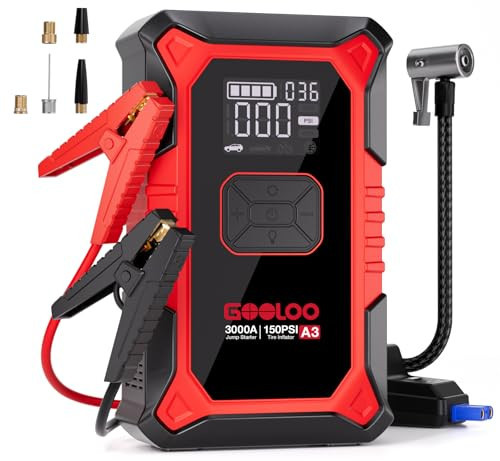 GOOLOO A3 Jump Starter with Air Compressor, 3000A Portable Car Battery Booster (9.0 Gas/6.5L Diesel) with 150PSI Auto-Shutoff Tire Inflator, 12V Supersafe Lithium Jump Box Car Battery Jumper Starter | Amazon (US)