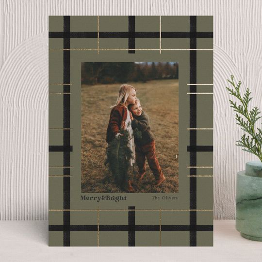 "Classic Merry Plaid" - Customizable Foil-pressed Holiday Cards in Beige by Baumbirdy. | Minted