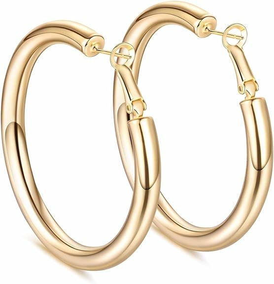 Gold Hoop Earrings-14K Gold Chunky Hoop Earrings Thick Tube Hoop Earrings for Women Large Hoop E... | Amazon (US)