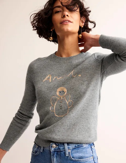 Festive Embroidered Jumper - Grey Melange, Angel | Boden (UK & IE)