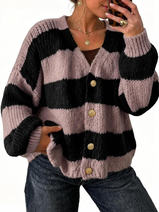Fisoew Womens Striped Open Front Cardigan Sweaters V Neck Button Up Long Sleeve Color Block Knit ... | Amazon (US)
