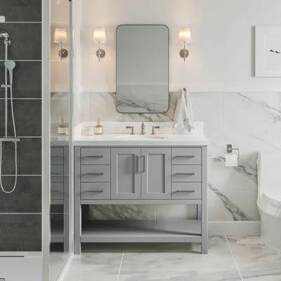 Magnolia 43" Single Bathroom Vanity in Grey, with 1.5 Pure White Quartz Top, Oval Sink | Wayfair North America