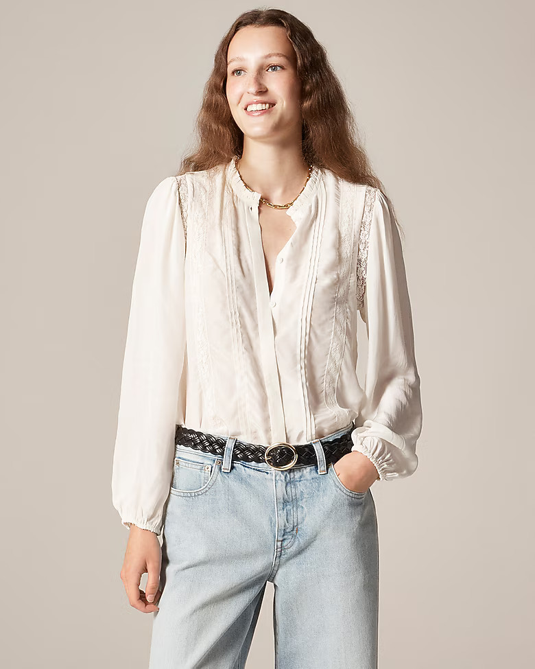 Lace-trim pintuck top in crepe de chine | J. Crew US