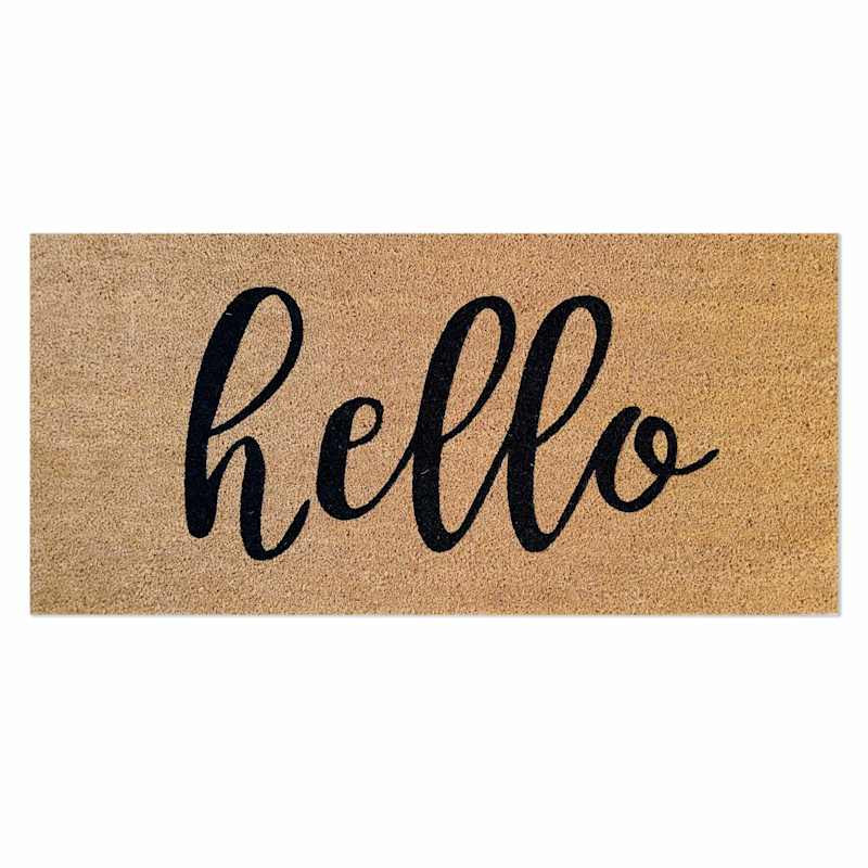 Black & Natural Hello Script Coir Mat, 22x47 | At Home