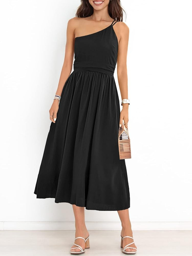 ANRABESS Women's Summer Straps Sundress One Shoulder Sleeveless Pleated High Waist A-Line Flowy Midi | Amazon (US)