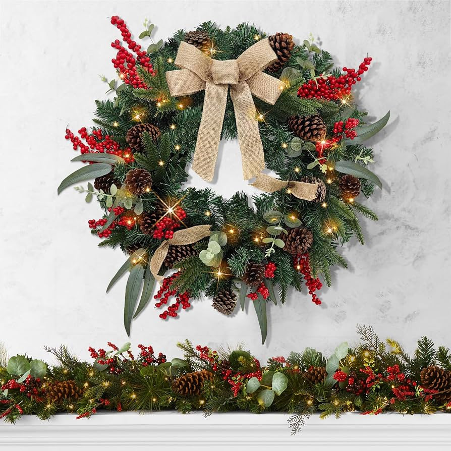 Christmas Lighted Wreath for Front Door, 28 Inches Pre-Lit 35 LED Lights, Natural Pine Cones Arti... | Amazon (US)