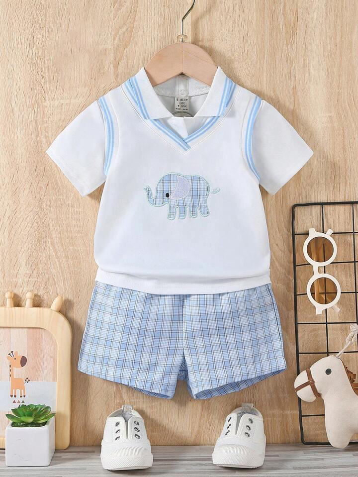 Souflis Baby Boy Knit Polo Shirt With Cartoon Elephant Animal Pattern And Plaid Shorts Set | SHEIN