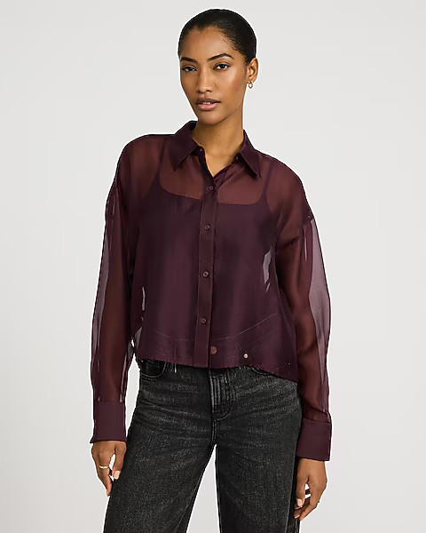 Sheer Crepe Cropped Boyfriend Shirt | Express