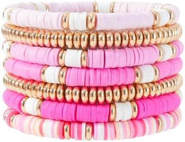 Summer Surfer Heishi Bracelet Set for Women Stackable Gold Plated Clay Ploymer Bead Stretch Pink ... | Amazon (US)