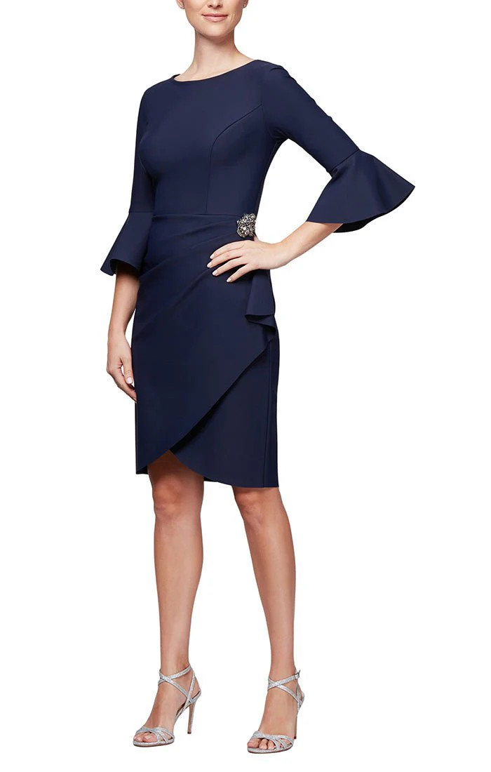 Sheath Compression Cocktail Dress with Bell Sleeves, Embellished Hip &amp; Cascade Ruffle Detail | Alex Evenings