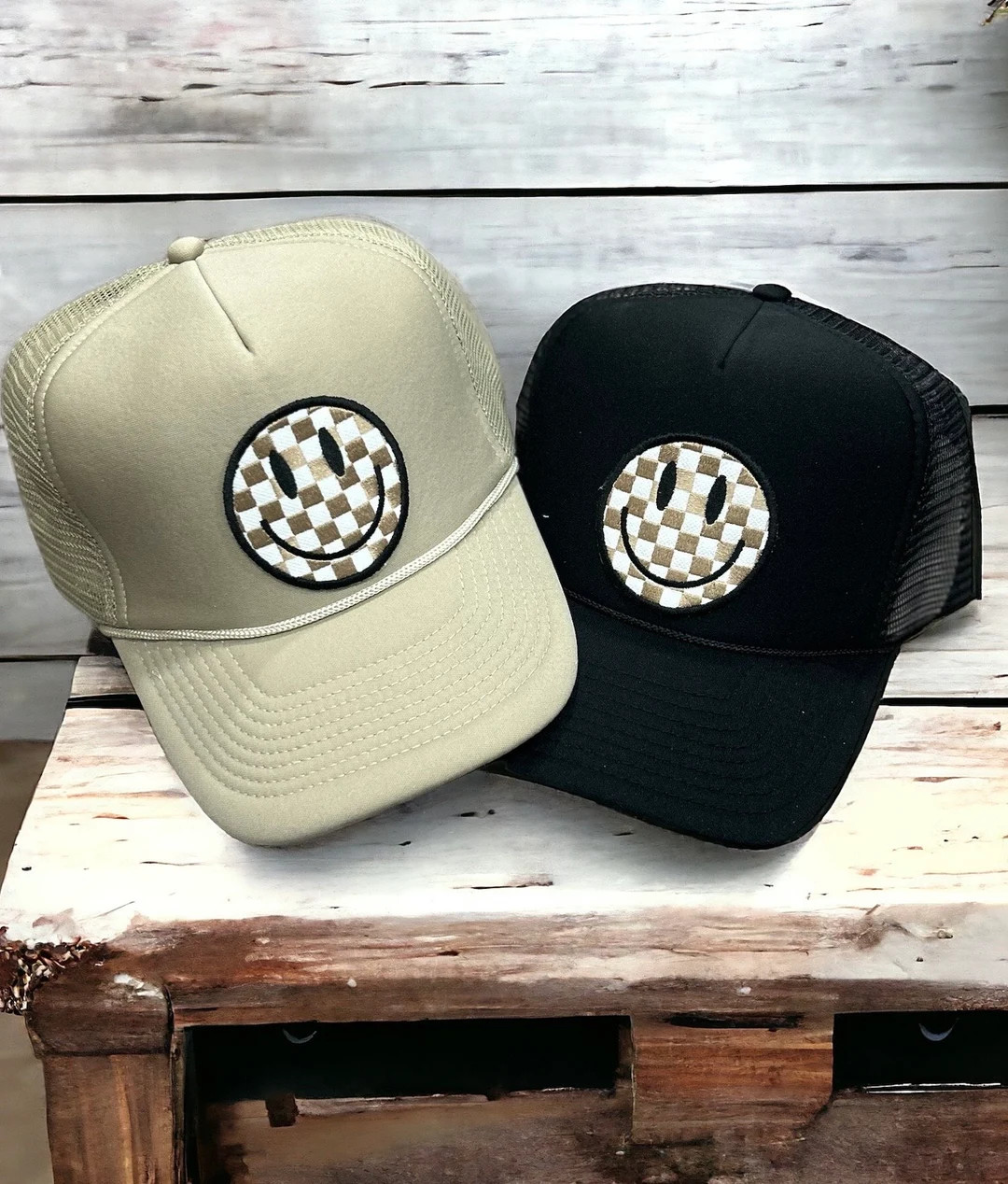 Checkered Smile Face Foam Trucker Hat, Be Happy Hat, Smiley Hat, Hat With Smile Face, Vacation Ha... | Etsy (US)