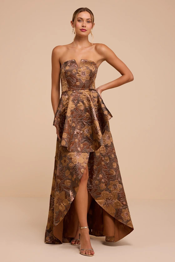 Majestic Glam Brown Jacquard Strapless High-Low Maxi Dress | Lulus