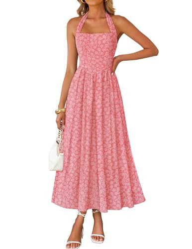 ZESICA Women's Summer Sleeveless Floral Maxi Dresses 2026 Halter Neck Wedding Guest Cocktail Party Flowy A Line Long Dress Pink Large | Amazon (US)