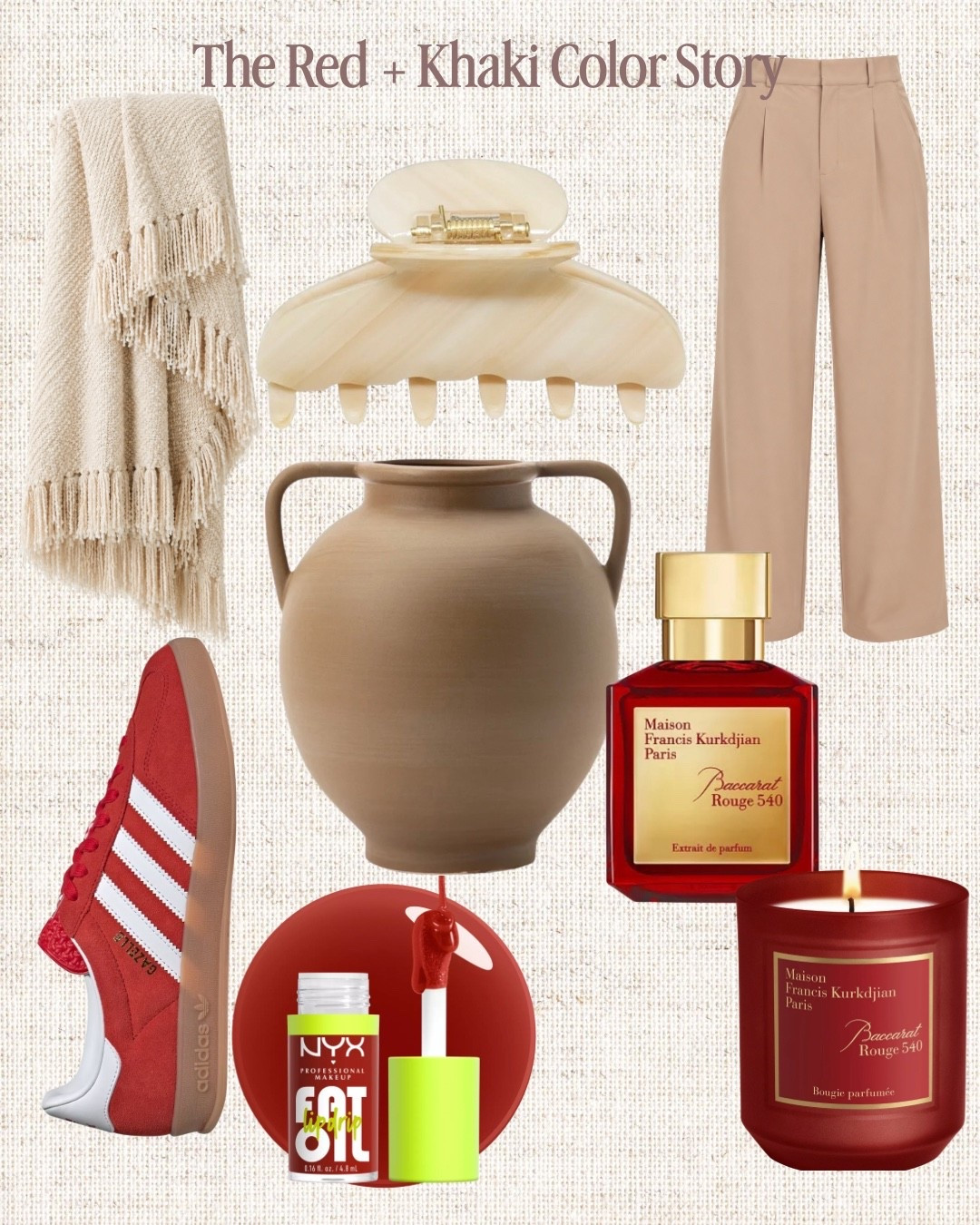 Red + khaki is such a good color combination heading into fall. ❤️ 

I pulled together a mix of red and khaki finds across fashion, beauty + home — from red adidas sneakers and statement beauty finds to khaki trousers, purse scarf, cozy fringe throw blanket, luxury candle, tan vase, cozy neutral home decor and everyday accessories. Such an easy way to add a pop of red to a warm neutral color palette for fall.

#LTKHome #LTKSeasonal #LTKBeauty