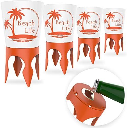 Beach Vacation Accessories, 4 Beach Cup Holders Sand w/ Bottle Opener & Spikes, Beach Drink Holde... | Amazon (US)