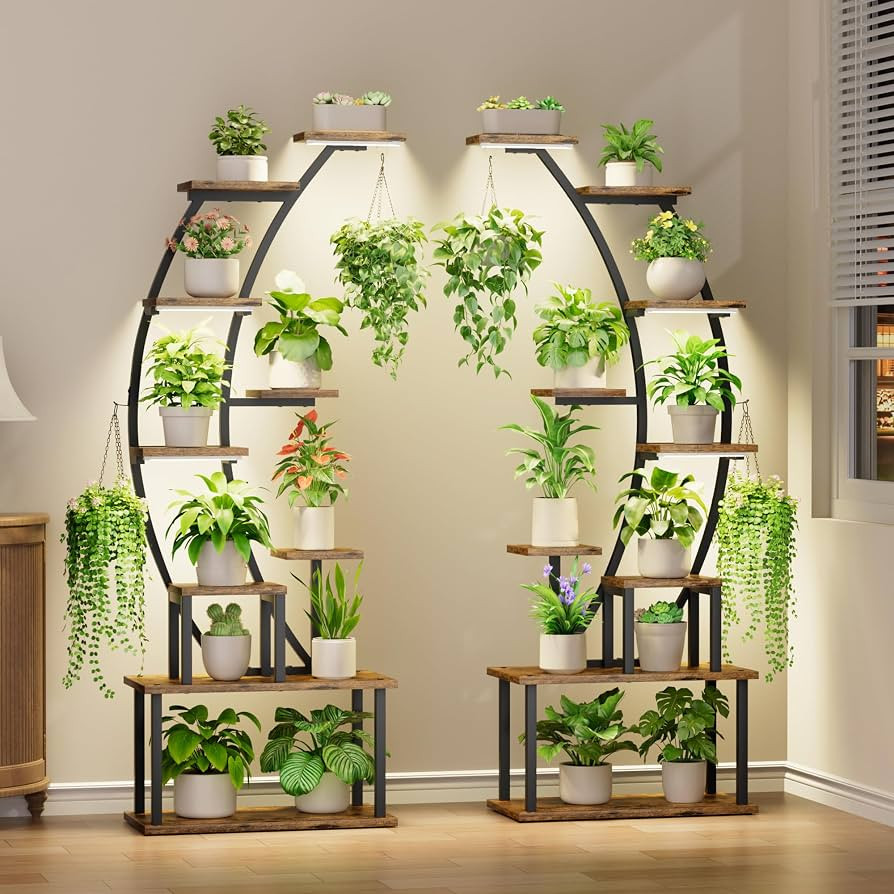 BACEKOLL Plant Stand Indoor with Grow Lights, 9 Tiered Metal Plant Shelf, 64" Tall Plant Stand fo... | Amazon (US)