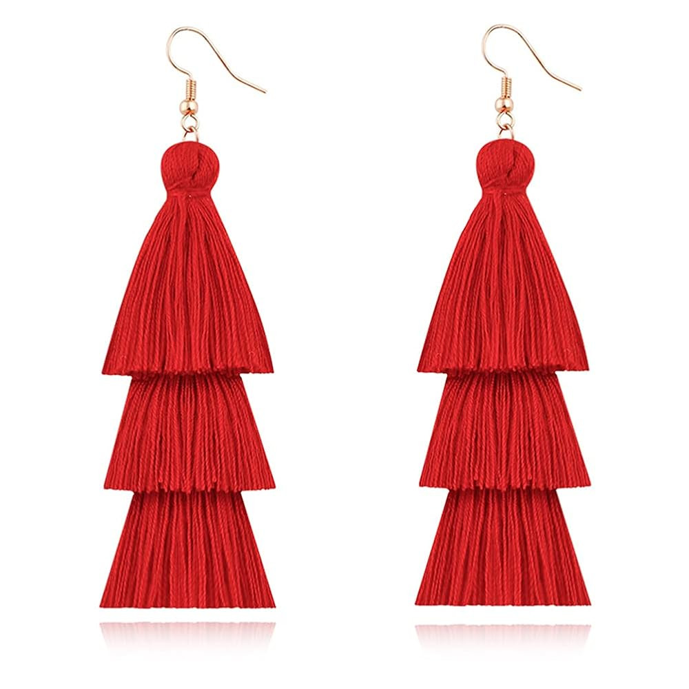 CHUNYANAN 3 Tier Red Yellow Tassel Dangle Drop Earrings Bohemian Fashion Earrings for Women Valen... | Amazon (US)