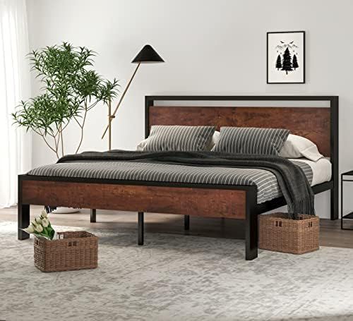 Amazon.com: SHA CERLIN 14 Inch King Size Metal Platform Bed Frame with Wooden Headboard and Footb... | Amazon (US)