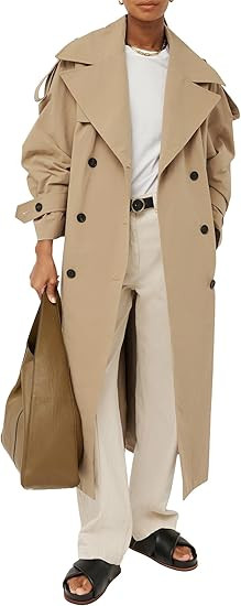 Farktop Womens Oversized Long Trench Coat Double Breasted Lapel Windproof Overcoat with Belt | Amazon (US)