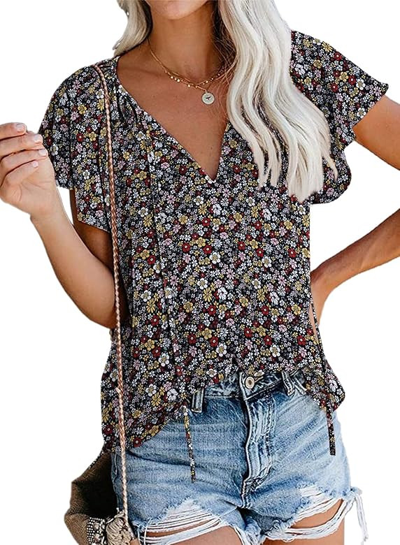 SimpleFun Women's Boho Tops Floral V Neck Short Sleeve Summer Blouse Shirts | Amazon (US)