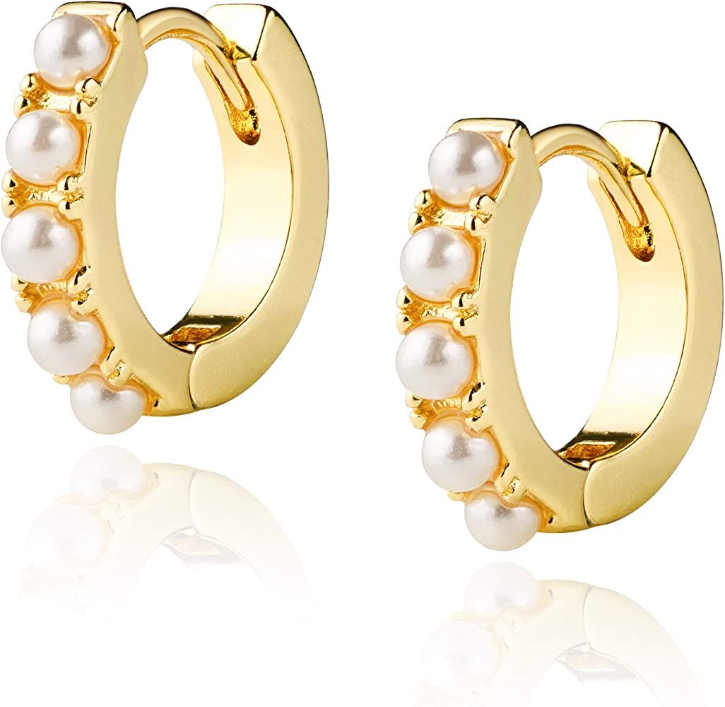LAVLA Small Pearl Hoop Earrings - 14k Gold Plated Cz Baquette Huggie Earrings For Women Teen Girls | Amazon (US)