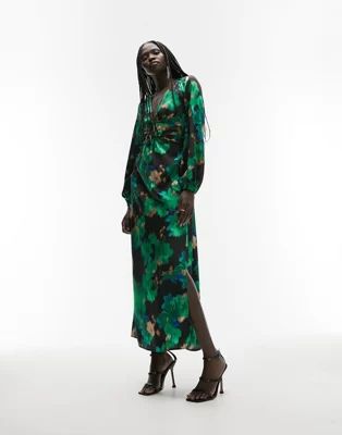 Topshop satin plunge neck with tie detail in blurred green floral print | ASOS (Global)