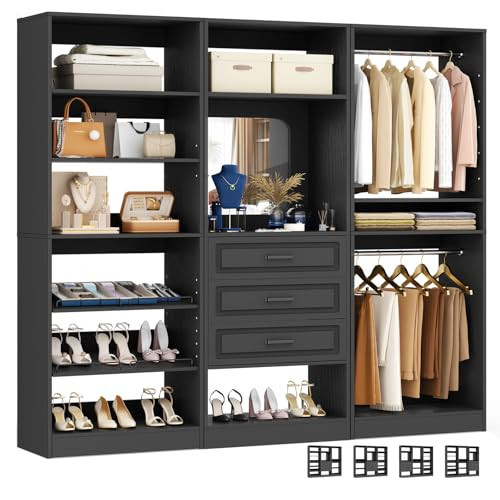 Unikito Modular Closet System with 3 Sets, 75”Closet Organizer System with Drawers, Mirror, Hanging Rods and Adjustable Shelves, Freestanding Wood Wardrobe Garment Rack, Walk in Closet Tower, Black | Amazon (US)