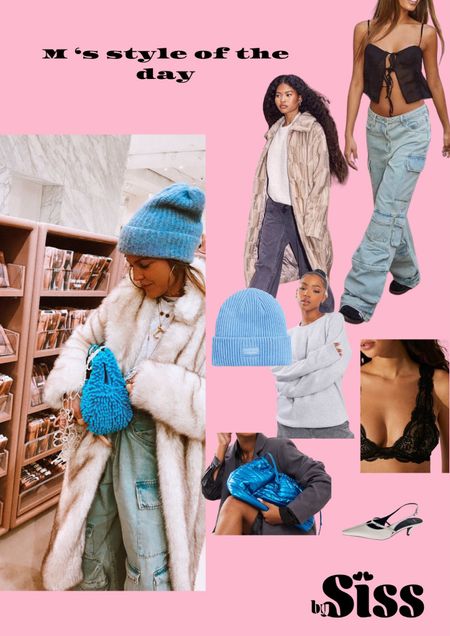 Long Fur coat, fab cargo slouchy jeans, grey sweater and some blue accessories for the edgy touch. Happy dressing girls 🩵🩵🫧🫧 
Prettylittlething, oversized clutch, streetstyle, fur coat, teddy coat, lace bra, free people, H&M, jeans look, bySiss, twins, boohoo