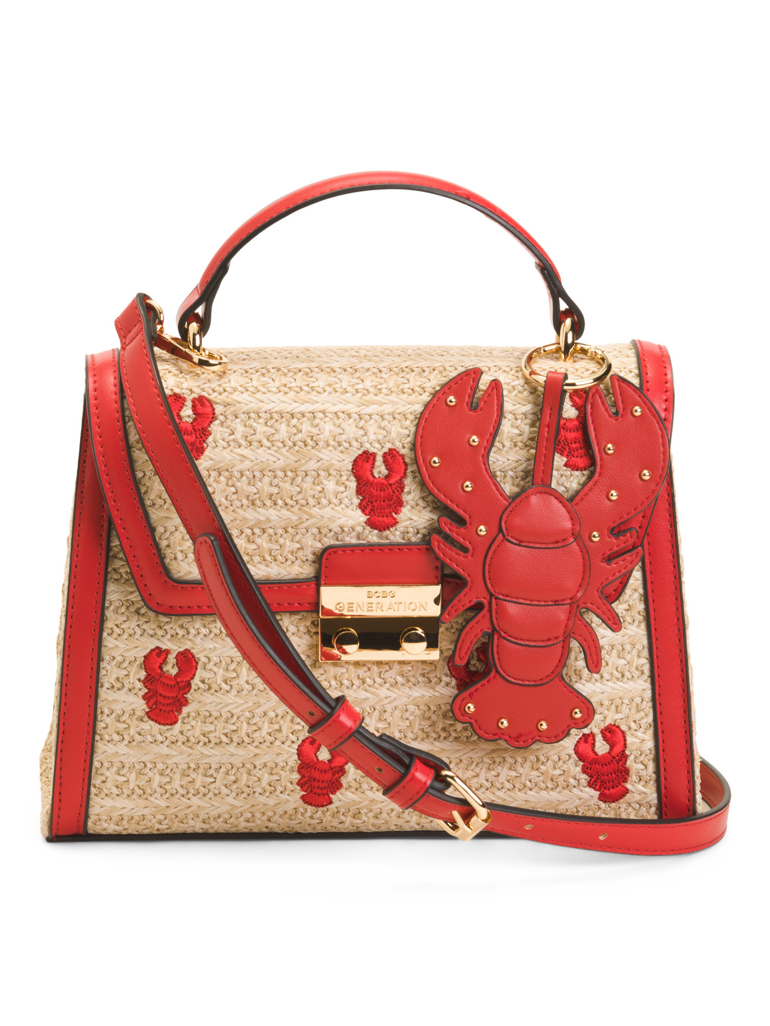 Embroidered Faux Straw Crossbody With Top Handle And Lobster Charm | TJ Maxx