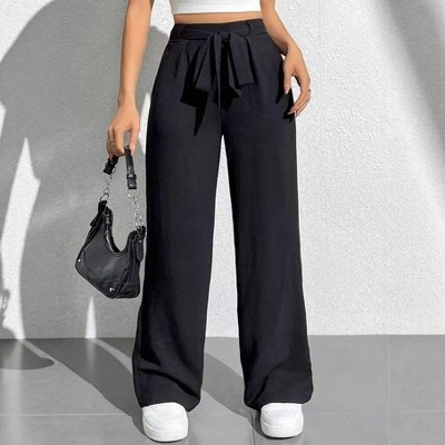 Women High Waist Tie Bow Wide Leg Pants Elastic Back Waist Loose Casual Trousers, Black, S | Target