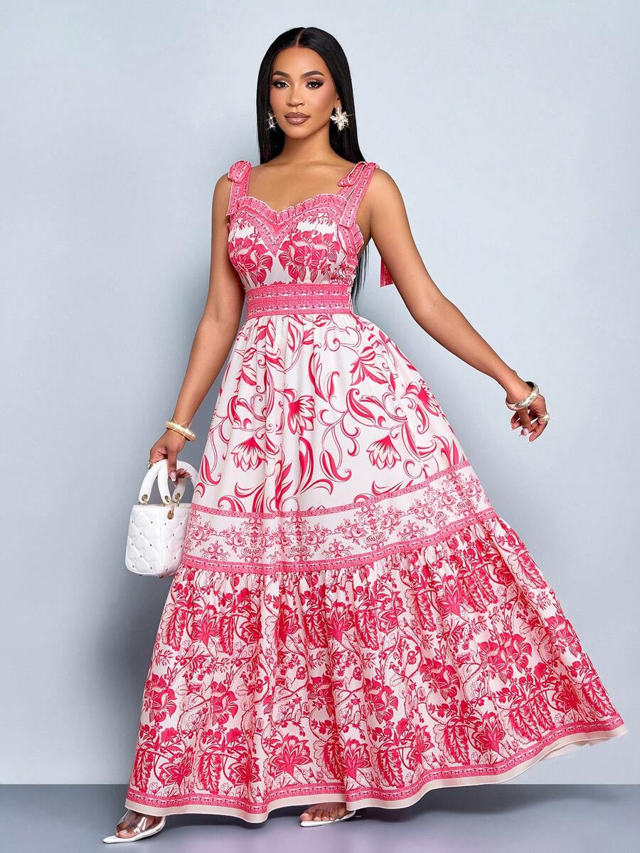 SOLERSUN Women's Tied Hem Sleeveless Retro Printed V-Neck Fitted Floral Print Tie Waist Maxi Wove... | SHEIN