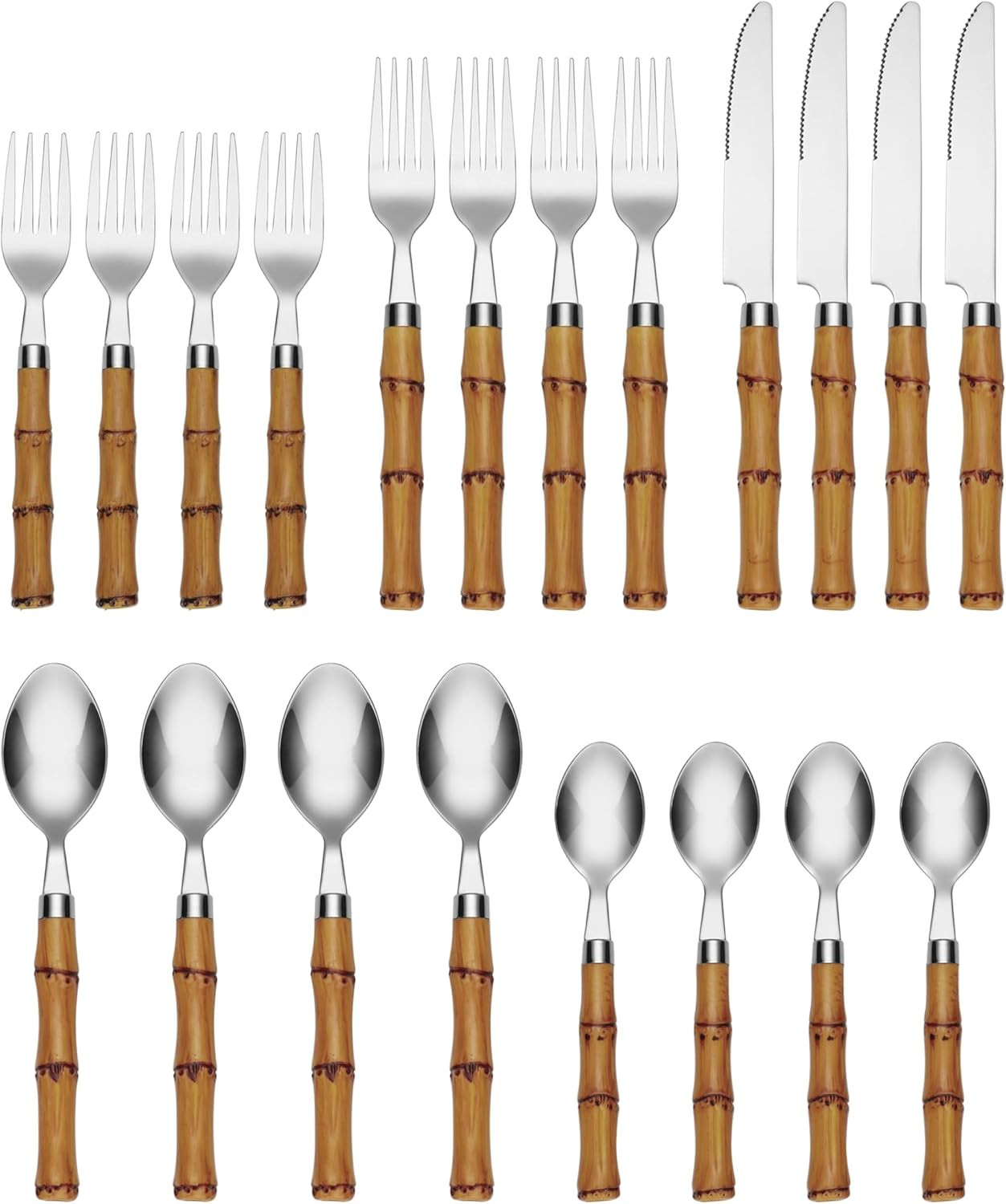 Cambridge Silverware Set, Plastic Bamboo-Shaped Handle 20-Piece Flatware Set, 18/0 Stainless Stee... | Amazon (US)