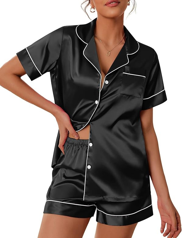Ekouaer Satin Pajamas Women's Short Sleeve Sleepwear Soft Silk Button Down Loungewear Pjs Shorts ... | Amazon (US)