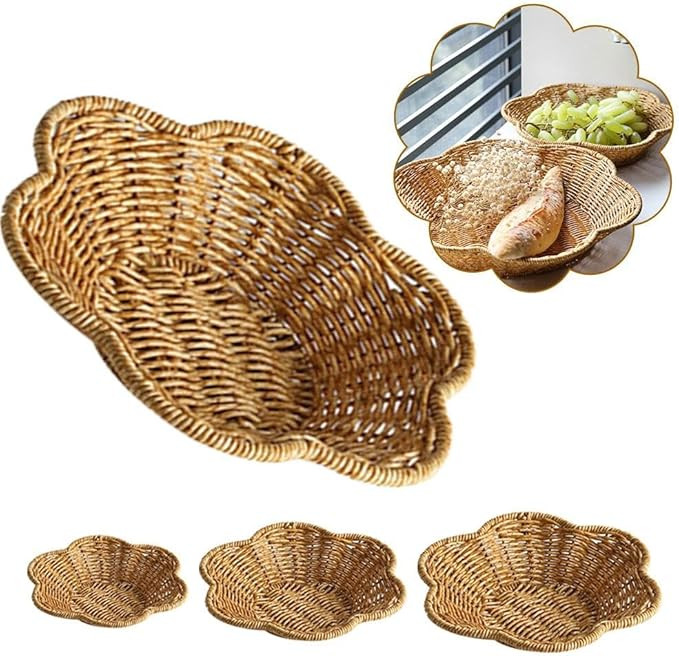Scalloped Basket, Scallop Edge Tray Decor, Hand Woven Round Rattan Tray, Shallow Serving Tray, Cu... | Amazon (US)