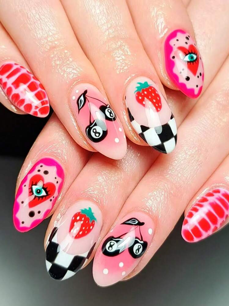 Get Glamorous With 24 Pcs Of Almond-Shaped Press On Nails Gift Box With Funny Graffiti Black And ... | SHEIN