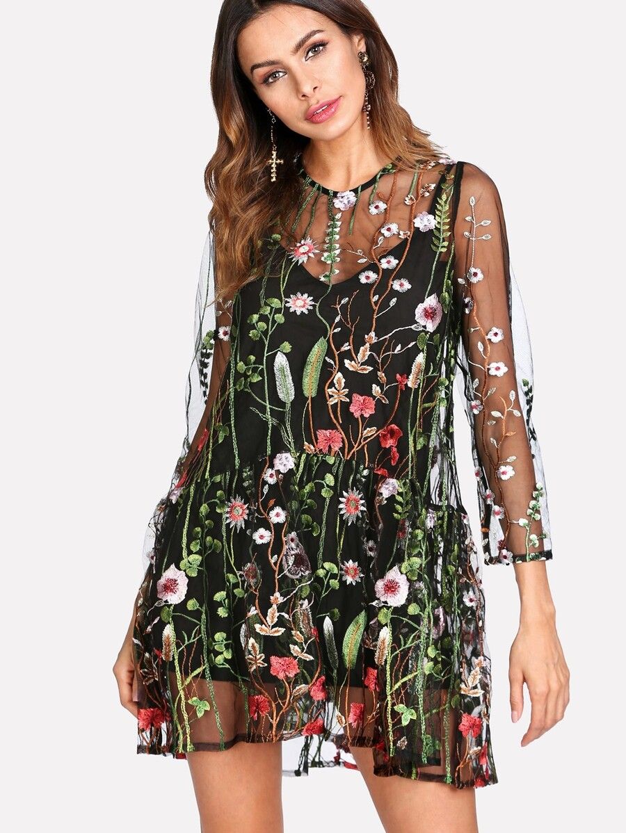 Botanical Embroidery Mesh Overlay 2 In 1 Dress | SHEIN