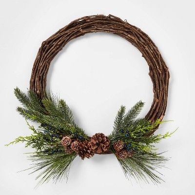 22in Unlit Iced Mixed Greenery & Blue Berry Grapevine Wreath - Wondershop™ | Target