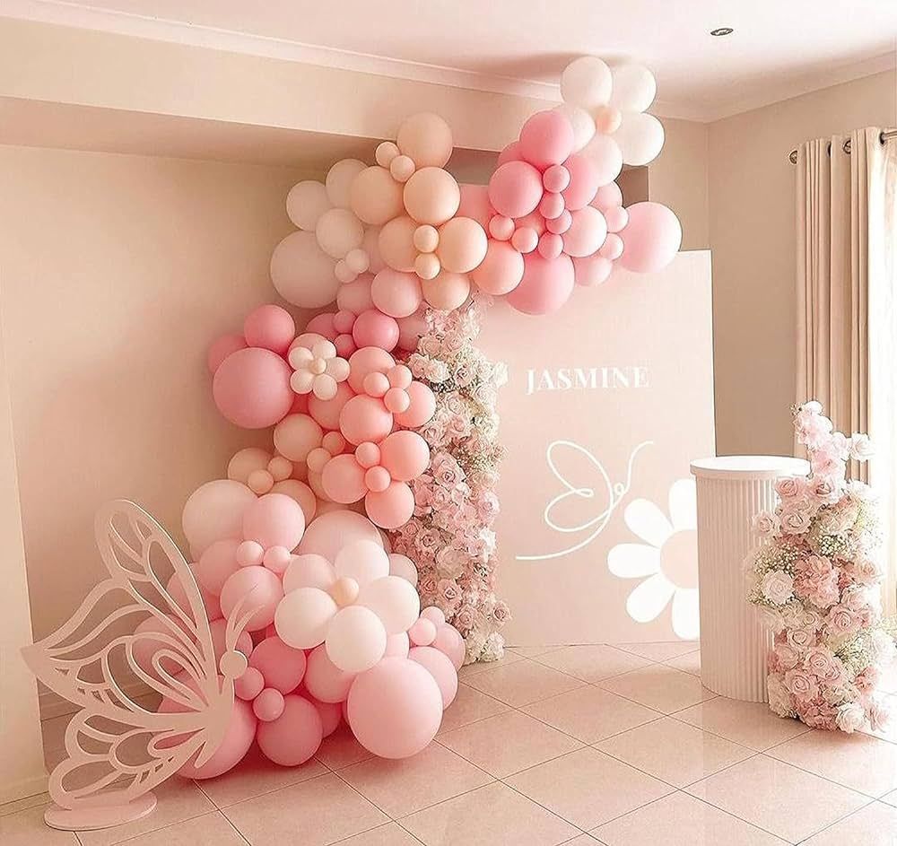 Pink Balloons Garland Arch Kit - Double Stuffed Matte Light Pink and White Cream Peach Latex Ball... | Amazon (US)
