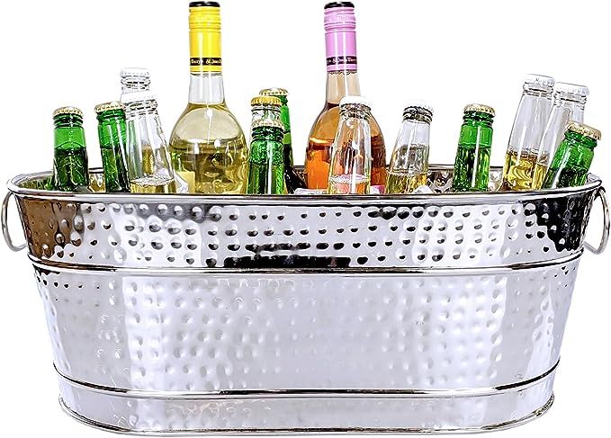 BREKX Stainless-Steel Oval Ice Bucket & Drink Cooler for Parties, Hammered Stainless Steel Finish... | Amazon (US)