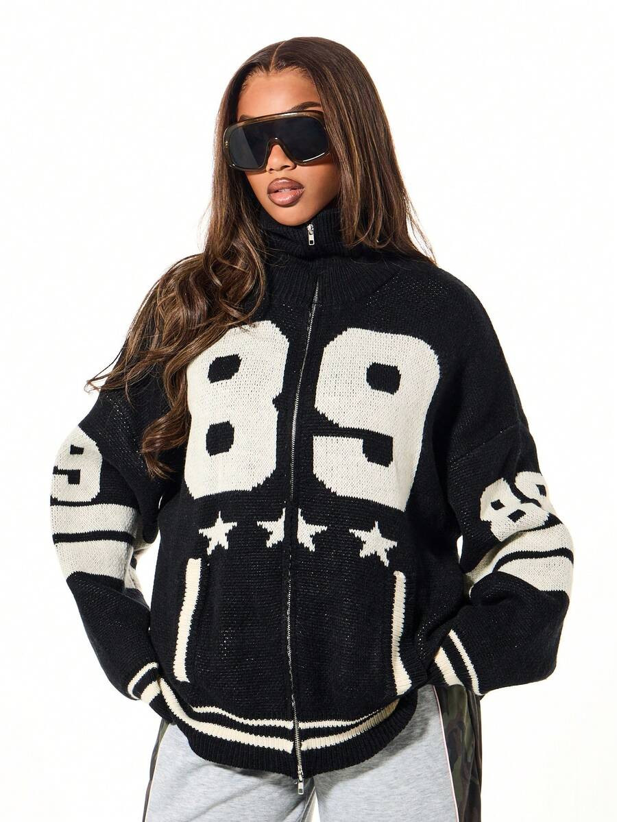 SUMWON WOMEN Oversized Dropped Shoulder Zip Through Varsity Knitted Cardigan With Number Eighty N... | SHEIN