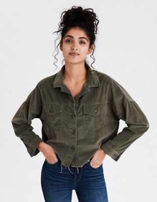 AE Corduroy Cropped Button Up Shirt | American Eagle Outfitters (US & CA)