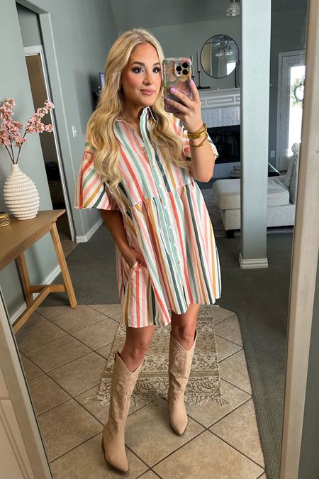 Easter dresses. Spring dress. Pastel color striped dress for Easter. Colorful spring dress. Tan boots. Nude western boots. 

#LTKstyletip #LTKworkwear #LTKSpringSale