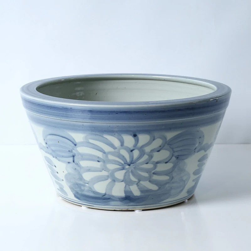 Approx. 18 Inches Wide Blue and White Planter with Flower Motif | Overstock